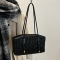 Black striped tote bag with signature pleated texture and slender leather shoulder straps - Black