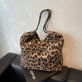 Leopard print plush tote bag with rope handles and fluffy faux fur fashion texture - Leopard Brown