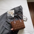 Vintage brown suede bucket bag with logo pattern, top handle and crossbody strap - Coffee No Charm