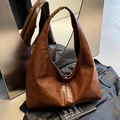 Brown vintage style hobo bag in soft oiled leather finish with wide shoulder strap - Brown