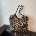 Fuzzy leopard print tote bag with thick rope handles and stylish Moonshine woven label - Leopard Green