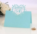 Laser cut bird and heart place card in light blue pearlescent paper for weddings - Tiffany Blue