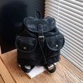 Retro black travel backpack in suede finish with silver snap button pockets - Black