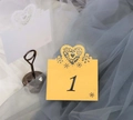 Detailed laser-cut heart pattern on yellow wedding table number card with numeral one - Gold Yellow