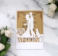 Dettaglio dell'invito di nozze bianco tagliato al laser con silhouette Mr & Mrs e carta kraft - Bianco