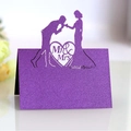 Purple glitter Mr & Mrs laser-cut wedding place card with kissing couple silhouette - Dark Purple