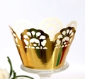 Elegant laser-cut golden cupcake wrapper with crown edge design for wedding party decor - Reflective Gold