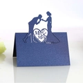 Navy blue laser cut heart wedding place card featuring hollow Mr & Mrs silhouette - Sapphire Blue