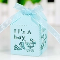 Close-up of laser-cut light blue candy box with It's A Boy text and ribbon bow - Pearl Pale Blue