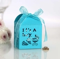 Blue laser-cut candy box with baby carriage design and It's A boy ribbon detail - Sky Blue