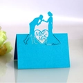 Royal blue laser cut wedding place card with Mr & Mrs silhouette for table decor - Sky Blue