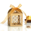 Golden laser-cut hollow candy gift box with elegant ribbon and geometric pattern - Beige Gold