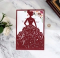 Elegant laser cut burgundy wedding invitation with flower dress silhouette on marble background - Dark Red