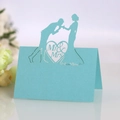 Tiffany blue laser-cut wedding place card with Mr and Mrs silhouette on pearlescent paper - Light Blue Zircon