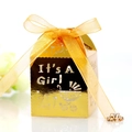 Detail of golden 'It's A Girl' hollow candy box with baby stroller and ribbon bow - Reflective Gold