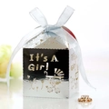 Detail of silver laser-cut It's A Girl baby shower gift box with a blue satin ribbon - Reflective Silver