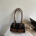 Sac sous le bras Boston rétro en toile noire avec poches et poignées en cuir marron - Noir (Sans Pendentif)