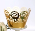 Golden laser-cut cupcake wrappers with elegant lace flower design for wedding decor - Reflective Gold