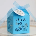 Light blue laser-cut baby shower candy box with boy pram design and blue ribbon - Sky Blue (With Tag)