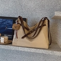 Khaki suede tote bag with dark brown leather straps and a plush bear pendant accessory - Beige with Charm