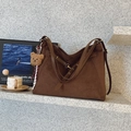 Brown suede tote bag with large capacity featuring a cute plush bear charm accessory - Coffee With Pendant