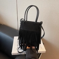 Vintage black fringe bucket bag with velvet texture and adjustable crossbody strap - Black