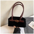 Borsa sottobraccio vintage in finto scamosciato nero con manici in pelle marrone e fibbia oro - Nero
