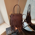 Vintage dark brown suede bucket bag with long fringe tassels and top handles - Coffee