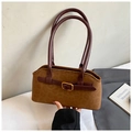 Borsa a spalla in camoscio leopardato marrone con tracolla bordeaux e fibbia d'oro - Leopardo Marrone
