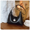 Vintage black faux leather hobo bag with silver buckle and litchi texture finish - Premium Black
