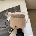 Minimalist beige faux fur backpack with silver zipper and leather straps for women - Beige