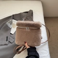 Brown faux fur plush handbag with leather straps and metal zipper for women - Khaki