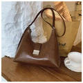 Retro dark brown crescent shoulder bag in glossy leather finish with silver metal clasp - Mocha Brown