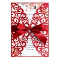 Elegant laser-cut red wedding invitation with intricate lace patterns and a satin bow knot - Pearlescent Red