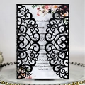 Elegant black glitter laser cut wedding invitation with floral insert and intricate lace - Black