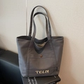 Borsa tote in tela grigio scuro con ricamo TELN e tasca frontale con bottone - Marrone Scuro
