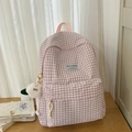 Roze geruite schoolrugzak met grote capaciteit en een zachte pluche bal hanger - Met Hanger / Roze