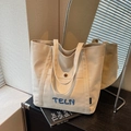 Borsa tote in tela bianco crema con ricamo TELN blu e doppi manici a spalla - Bianco Sporco