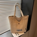 Grande borsa tote in tela beige con ricamo TELN blu e pratica tasca frontale con bottone - Cachi