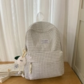 Zwart-wit geruite canvas rugzak met schattige witte pluche hanger voor studenten - Met Hanger / Zwart