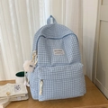 Lichtblauwe geruite canvas rugzak voor studenten met een schattige pluche hanger - Met Hanger / Blauw