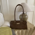 Retro minimalist dark coffee rectangular shoulder bag with elegant gold metal twist lock - Brown No Pendant