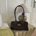 Vintage deep brown faux leather shoulder bag with gold metal clasp and long handles - Brown No Pendant
