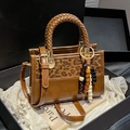 Braune Handtasche mit Leopardenmuster, gewebtem Griff und Perlenquaste in Premium-Box - Leopardenmuster
