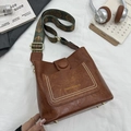 Vintage brown leather bucket bag with an ethnic patterned wide shoulder strap - Brown No Pendant