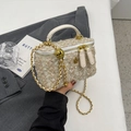 Beigegoldene Tweed-Box-Tasche mit goldener Kugelkette und Ledergriff für Damen - Groß / Gebrochenes Weiß