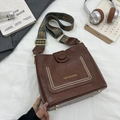 Brown vintage style bucket bag with ethnic woven wide strap and front fashion pocket - Coffee No Charm