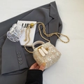 Mini tweed box bag in beige gold with chain strap and gold ball charm detail - Small / Off White