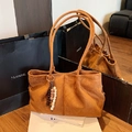 Brown suede tote bag with beaded tassel detail and slender shoulder straps - With Charm / Brown