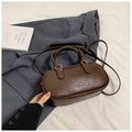 Deep brown vintage mini bowling bag in textured faux leather with top handles and strap - No Pendant / Brown